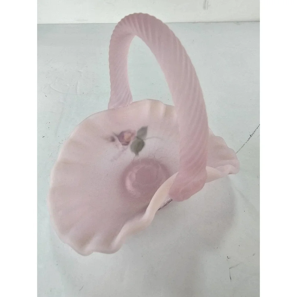 2001 Fenton Hand Painted Pink Chiffon Opalescent Satin Mini Basket S. Miller
